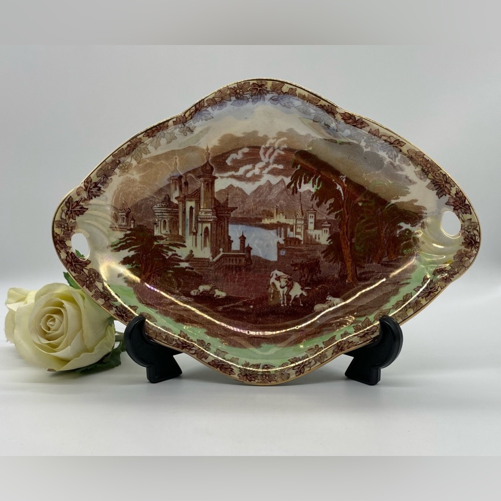 Vintage Maling Lustre Ware Serving Dish - Venice Scenes with Cows Pattern #6532